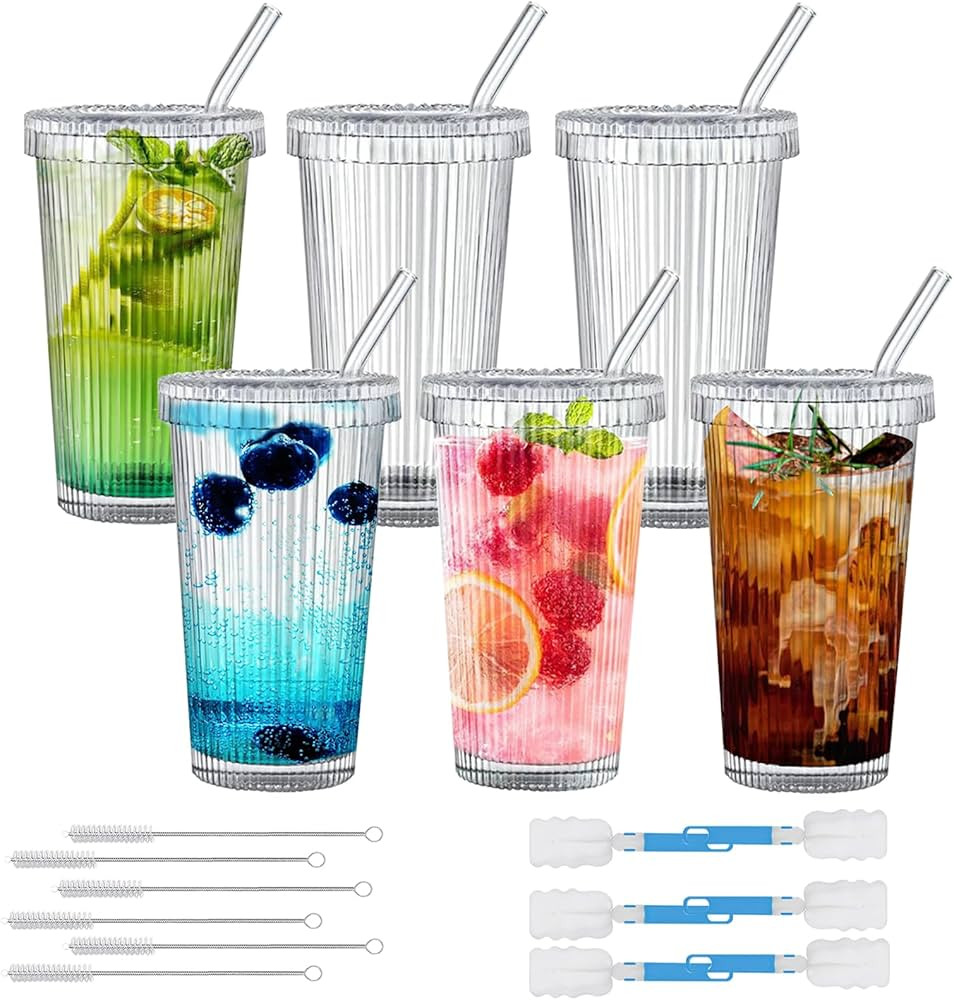 Inevoc 6 Pcs Glass Cups with Lids and Straws-12 oz Glass Tumbler, Iced Coffee Glass Cup,Vintage G... | Amazon (US)