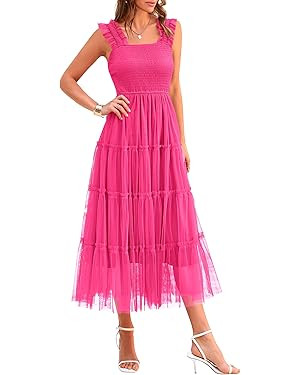 PRETTYGARDEN Women's Summer Midi Tulle Dress Sleeveless Smocked Square Neck Ruffle Flowy Party We... | Amazon (US)