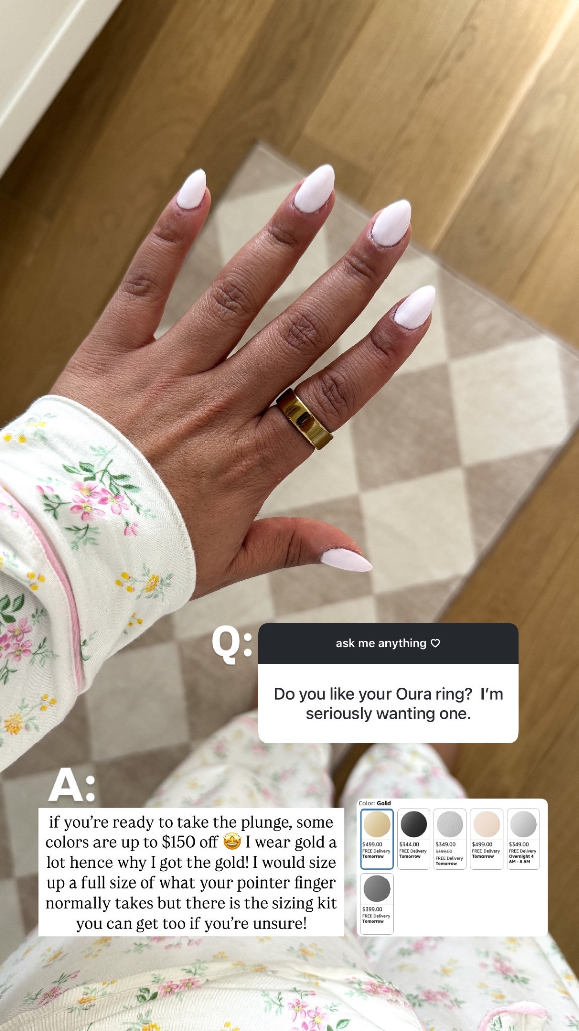 Q&A: the Oura ring is worth every single penny! I am wearing a size 11 (I normally wear a 10 on that finger, so size up!) but yes — it’s worth it!! 

#LTKStyleTip #LTKMidsize #LTKActive