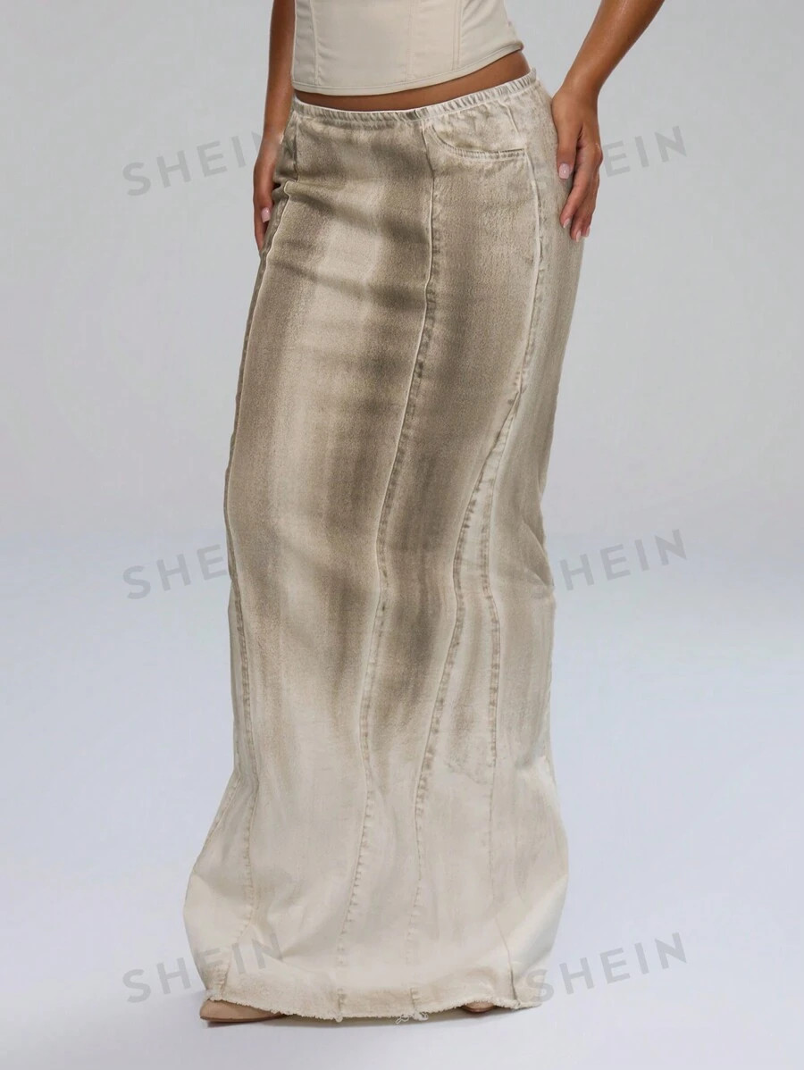 MUSERA Denim Distressed Wash Low Rise Maxi Skirt | SHEIN