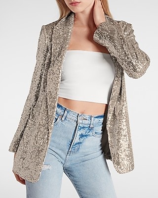 Champagne Sequin Boyfriend Blazer | Express
