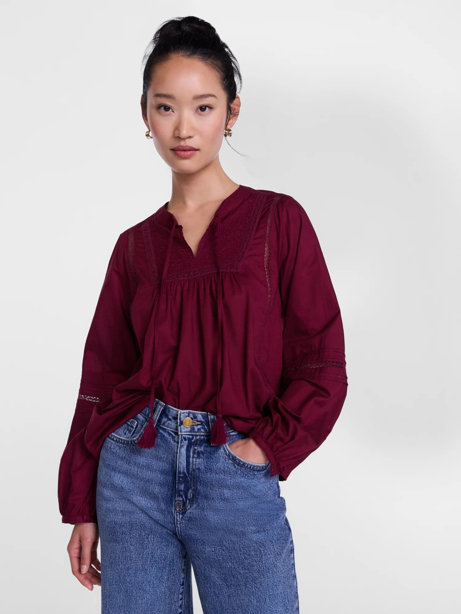 Scenario Women's and Women's Plus Embroidery Top with Lace Inserts, Sizes XS-4X | Walmart (US)