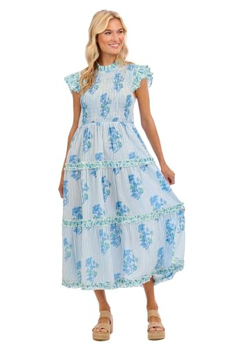 Mud Pie Women's Perin Blue Smocked Midi Dress, Small at Amazon Women’s Clothing store | Amazon (US)