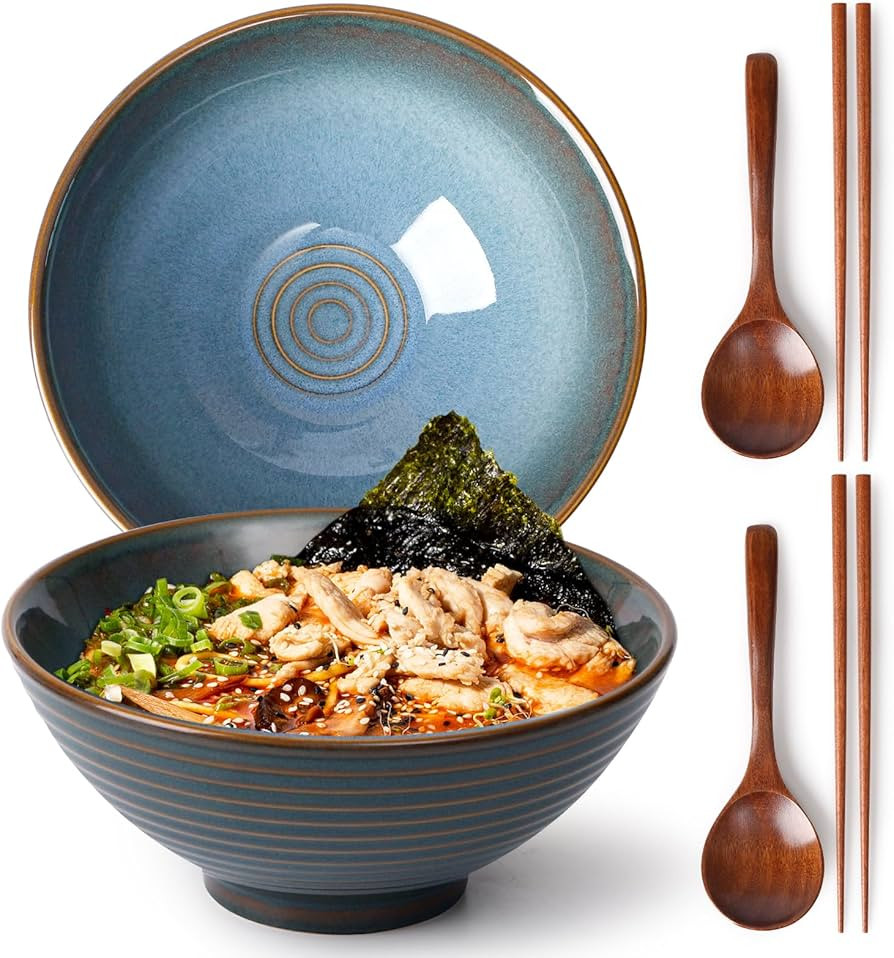 NUTRIUPS 8 Inch Ceramic Ramen Bowl Set of 2 Pho Bowls 40oz Japanese Noodle Udon Soup Bowls with S... | Amazon (US)