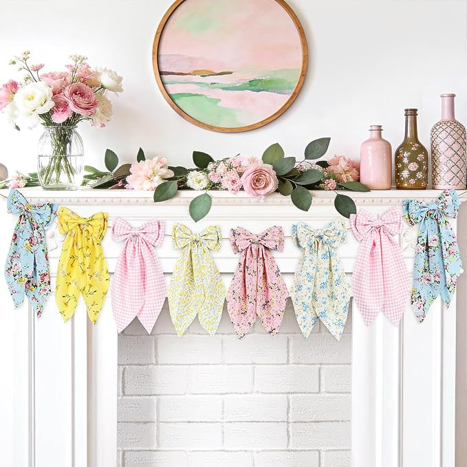Spring Easter Floral Bow Garland, Blue Pink Fabric Bow Banner, Vintage Spring Flower Bows Hanging... | Amazon (US)