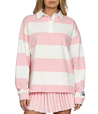 GOLD HINGE Striped Rugby Collared Neck Long Sleeve Top - M | Dillard's