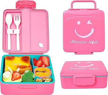 MINCOCO Kids Bento Lunch Box - Lunch Container with Sauce Jar, Spoon&Fork 4-Compartment, On-the-G... | Amazon (US)