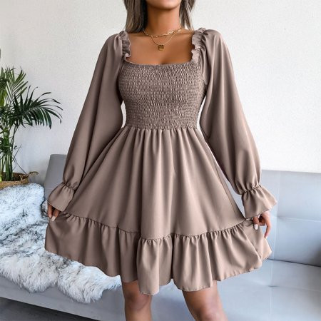 SHUDAGENG Womens Dresses Mid-Length Printed V-Neck Sun Dress Long Sleeve Brown M | Walmart (US)