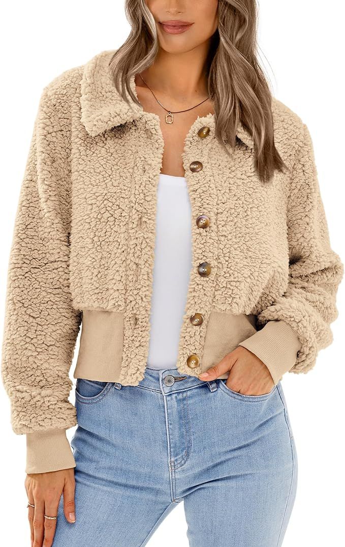 BTFBM Women's Button Down Sherpa Shacket Jacket Long Sleeve Faux Fur Warm Fall Winter Outwear Fuz... | Amazon (US)