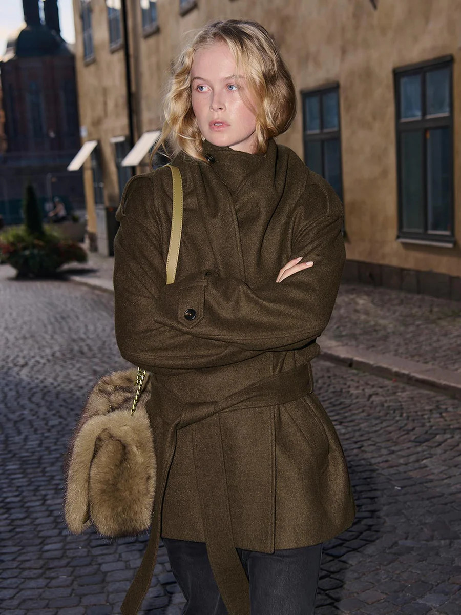 Funnel Neck Belted Wool Blend Scarf Coats | Urban Revivo
