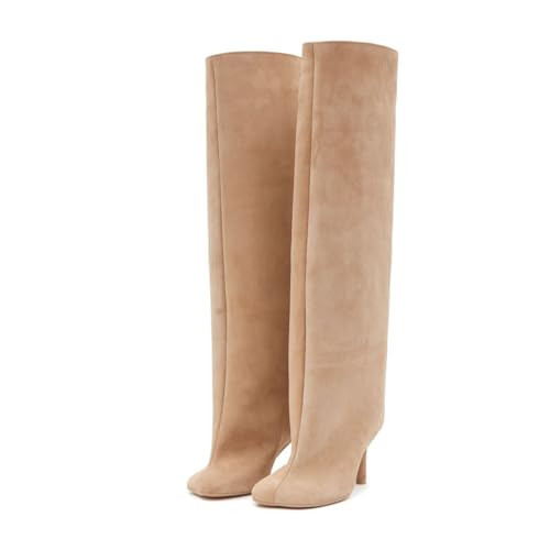 Vertundy Women's Nude Suede Knee High Boots Square Toe and Foot Pull On Stiletto Heels Fashion Dress Tall Riding Boots Ladies | Amazon (US)