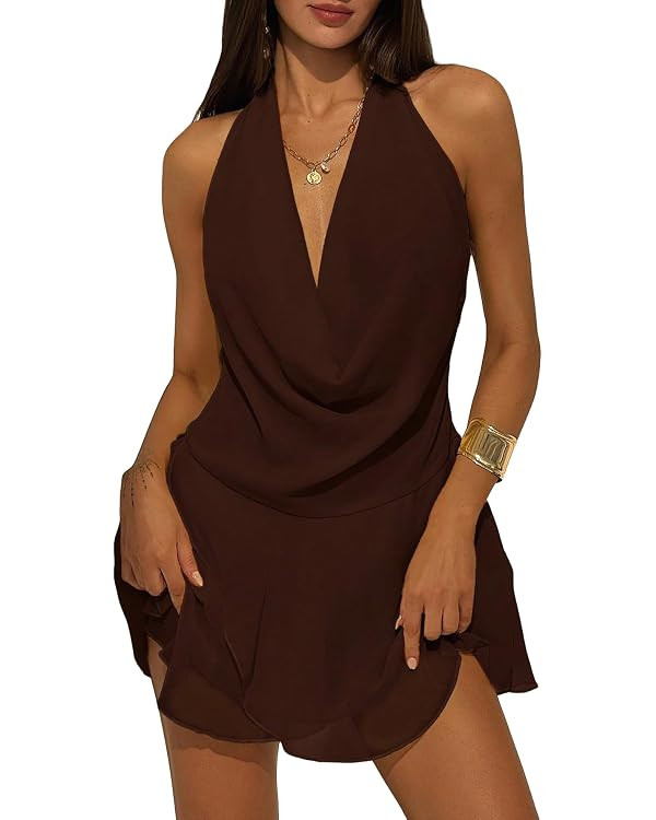 GORGLITTER Women's Halter Mini Dress Backless Draped Mesh Deep V Neck Sleeveless A Line Chiffon S... | Amazon (US)