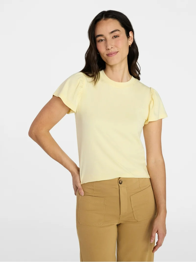 Time and Tru Women's Crewneck Top with Short Flutter Sleeves, Sizes XS-XXXL | Walmart (US)