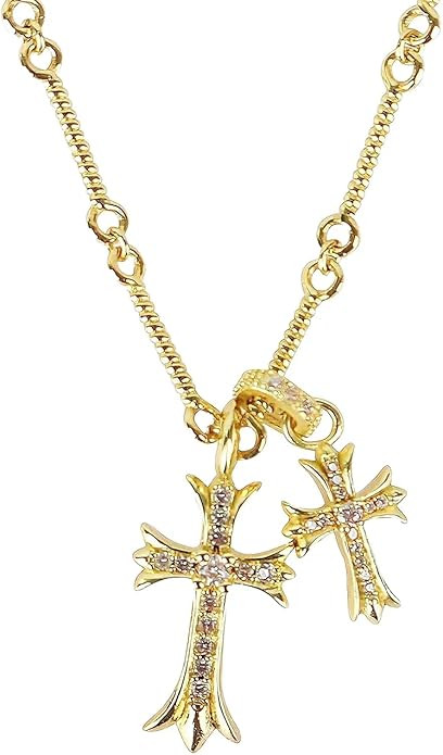 Double Cross Vintage CZ Diamond Cross Long Pendant Necklace 18k Gold Plated Choker Necklace for W... | Amazon (US)