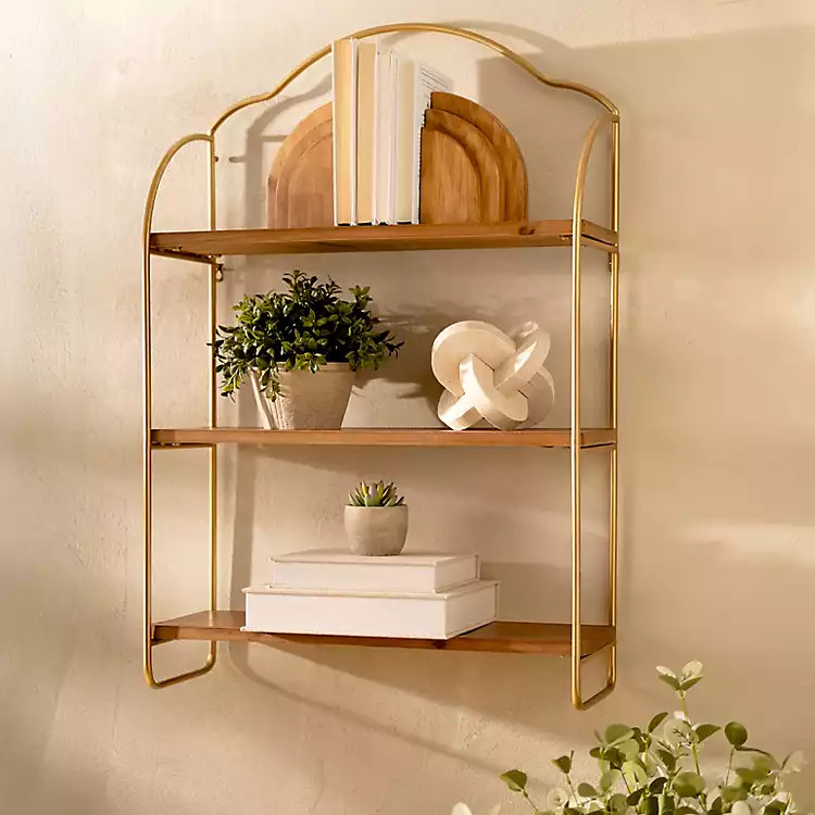 Gloria Gold Metal and Wood 3-Tier Wall Shelf | Kirklands