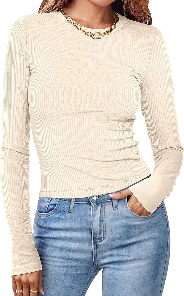 MEROKEETY Women's Long Sleeve Slim Fit Crop Shirt Ribbed Knit Tops Casual Round Neck Y2K Tees | Amazon (US)