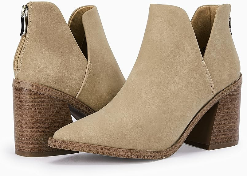 FISACE Womens Pointed Toe Stacked Mid Heel Ankle Boots V Cut Back Zipper Faux Leather Booties | Amazon (US)