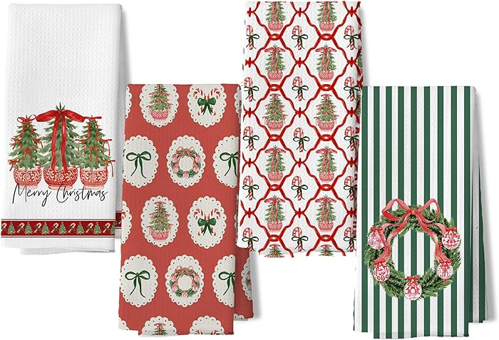 Red and Green Chinoiserie Christmas Tree Kitchen Dish Towels Set of 4,Chinoiserie Christmas Decor... | Amazon (US)