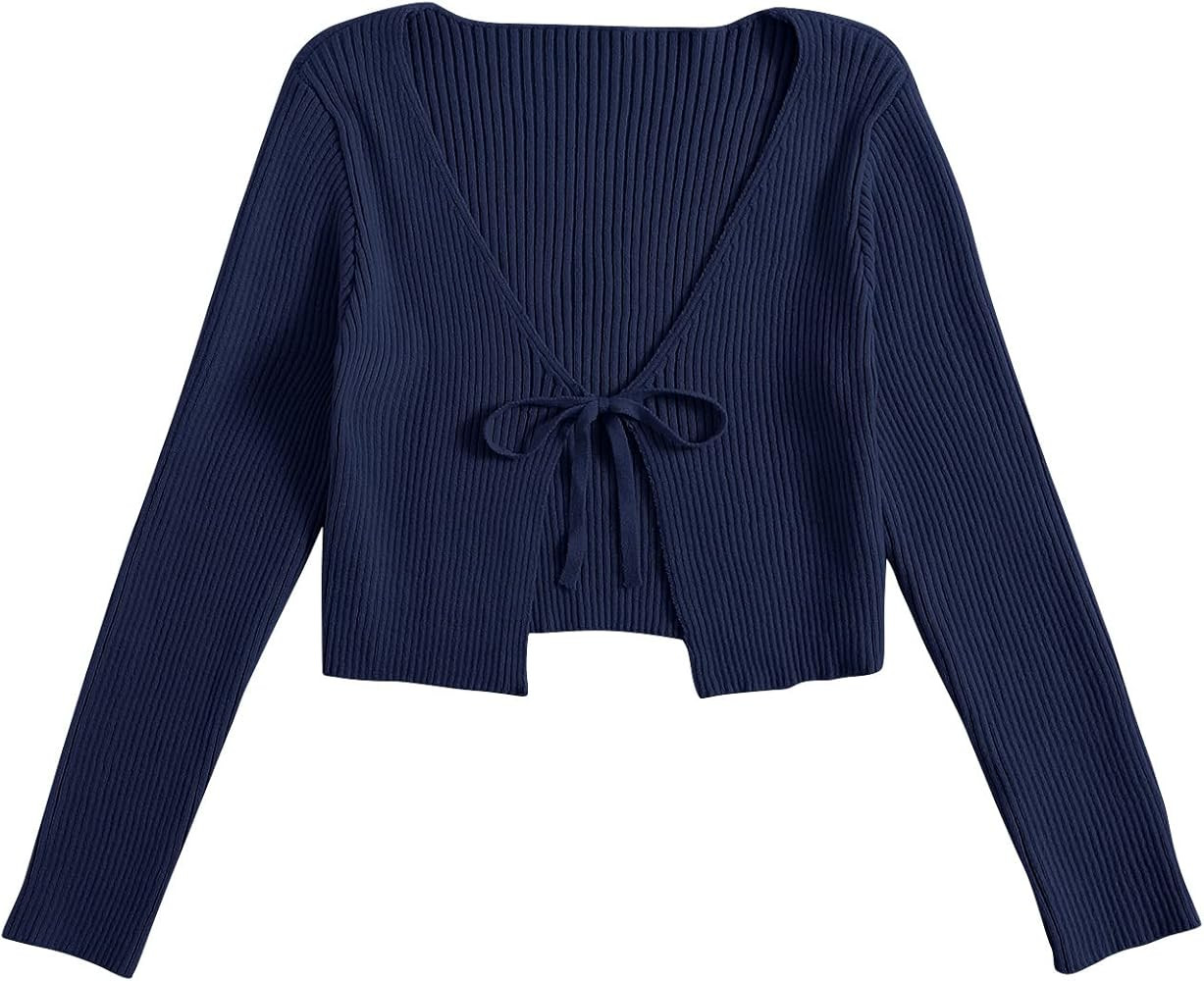 Floerns Women's Tie Front Long Sleeve Rib Knit Shrug Sweaters Cardigan Crop Top | Amazon (US)