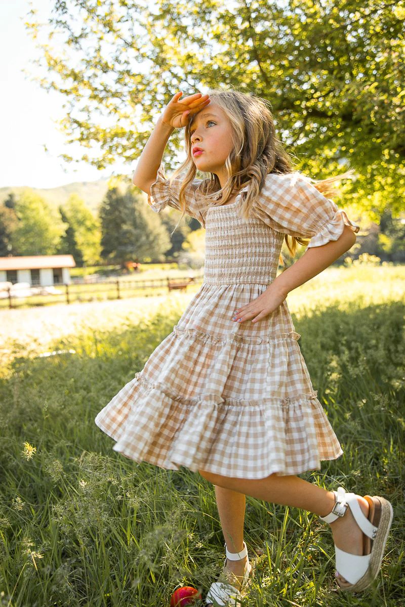 Mini Madeline Dress in Tan Gingham | Ivy City Co