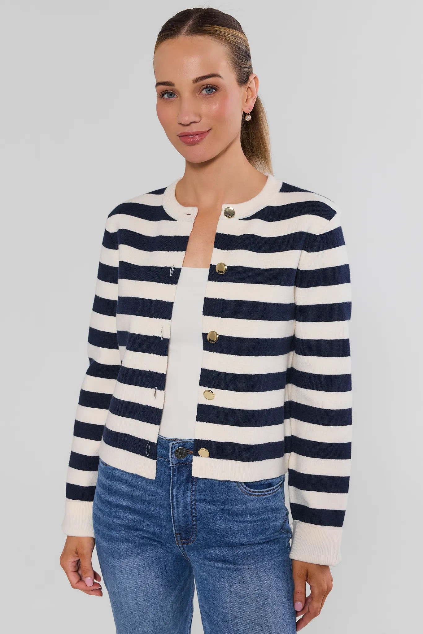 Navy Striped Button Up Cardigan | Avara