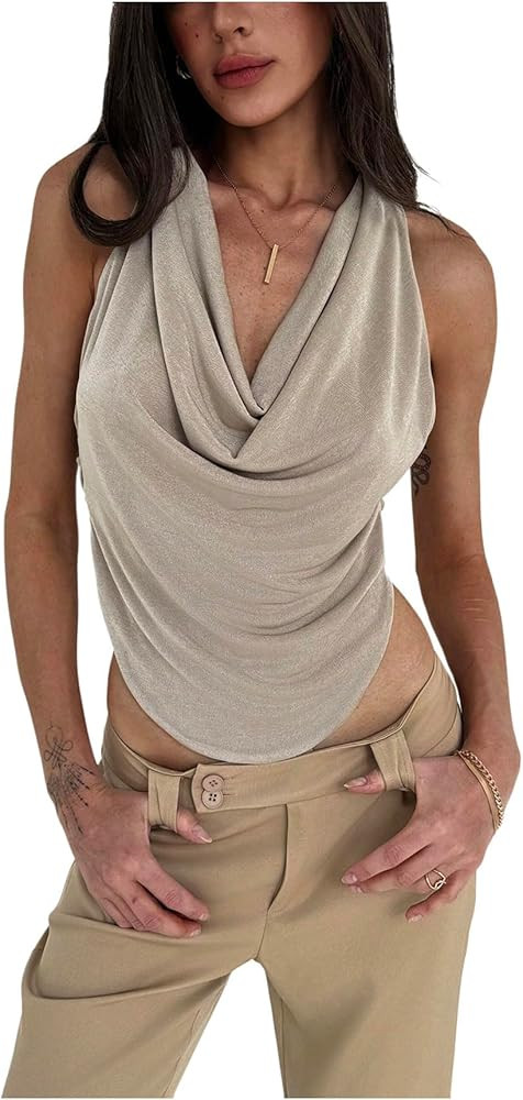 Milumia Women's Draped Front Halter Top Sexy Criss Cross Back Asymmetrical Hem Sleeveless Tank To... | Amazon (US)