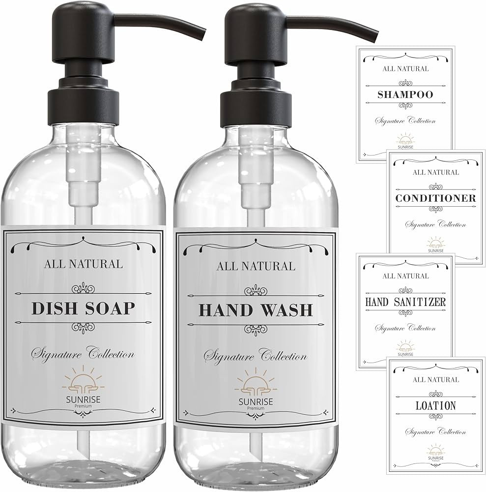 SUNRISE PREMIUM 2-Pack Thick Clear Glass Soap Dispenser with Matte Black Stainless Steel Pump, 16... | Amazon (US)