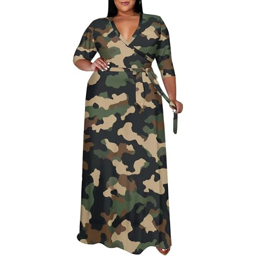 EQQZD Plus Size Green Camo Maxi Dress for Women Camouflage Print V Neck Wrap Dress 3/4 Sleeve Casual Long Dress with Belt X-Large Plus | Amazon (US)