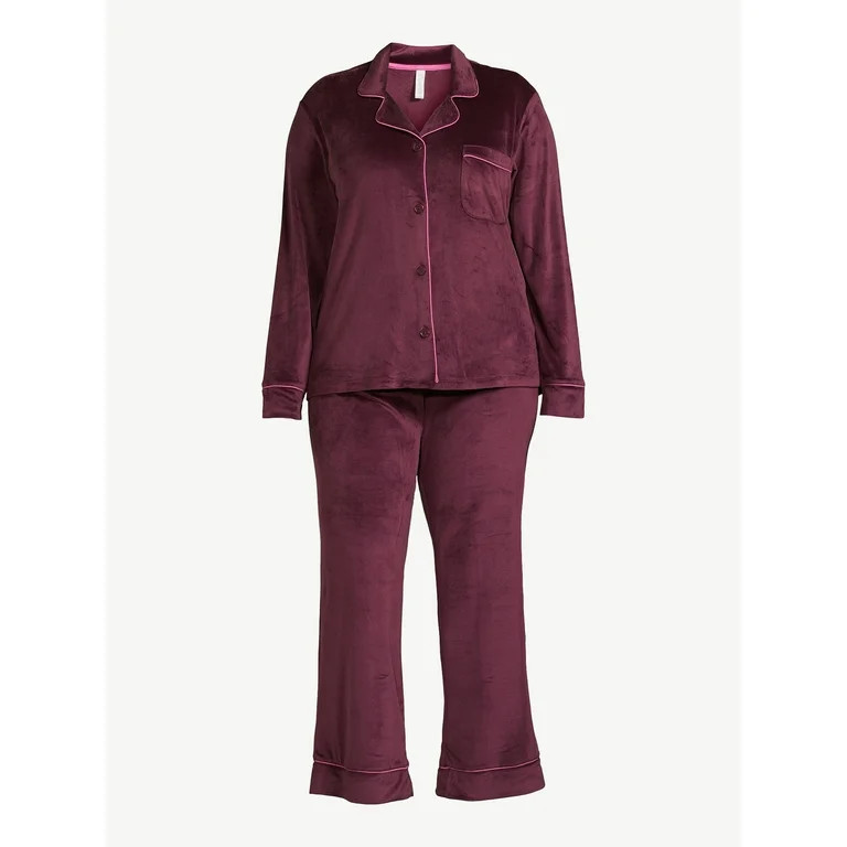 Joyspun Women’s Stretch Velour Notch Collar Top with Pants, 2-Piece Pajama Set, Sizes S to 3X | Walmart (US)