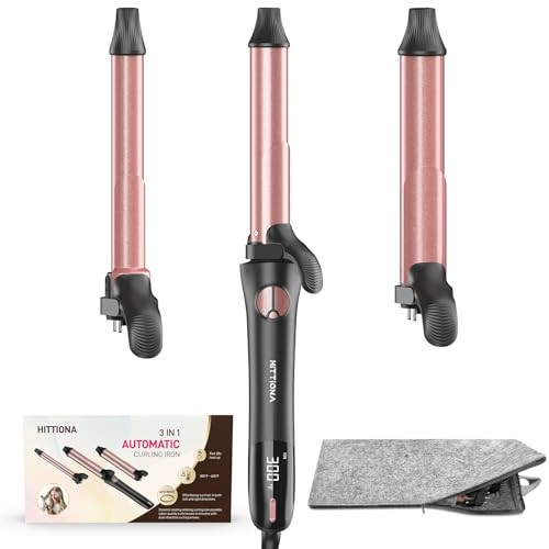 Rotating Curling Iron - 3 in1 Automatic Curling Iron with Interchangeable Curling Wand, 3/4, 1 1/4, 1 Inch Curling Iron for Lasting Beach Waves, Adjustable Temp, Instant Heat, Dual Voltage (Rose Gold) | Amazon (US)