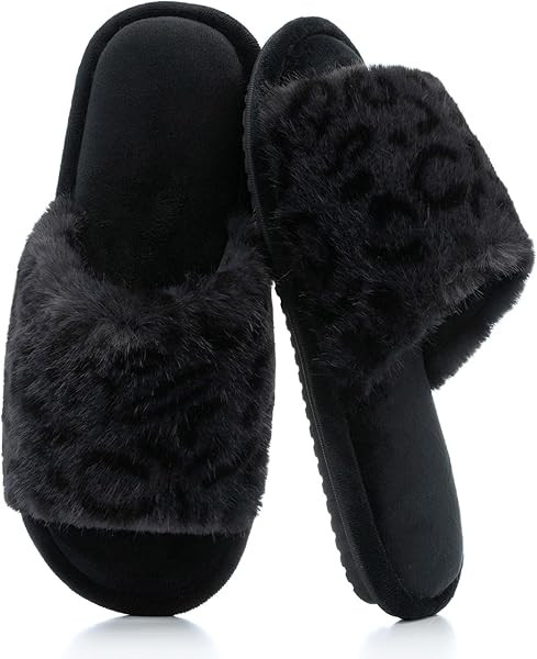 GOEWY Women's Fuzzy Open-Toe House Slippers with Memory Foam - Leopard Print Cheetah Plush Cozy C... | Amazon (US)