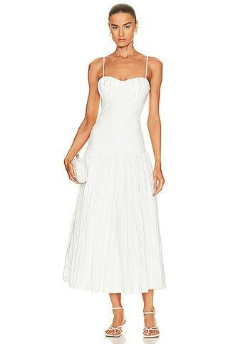 NICHOLAS Salem Drop Waist Broomstick Pleated Midi Dress in White | FWRD 
