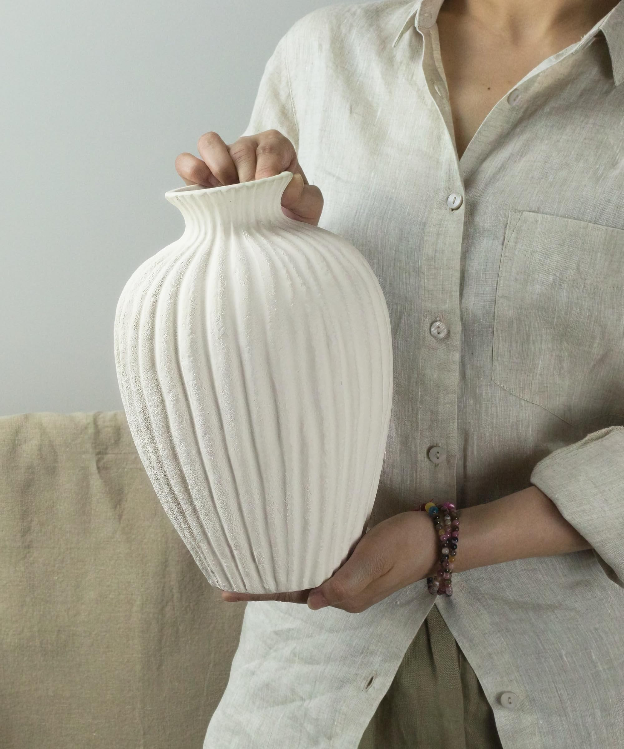 Handmade Ceramic Decorative Vase – Warm White Rustic Textured 10.4” Round Vase with Irregular... | Amazon (US)