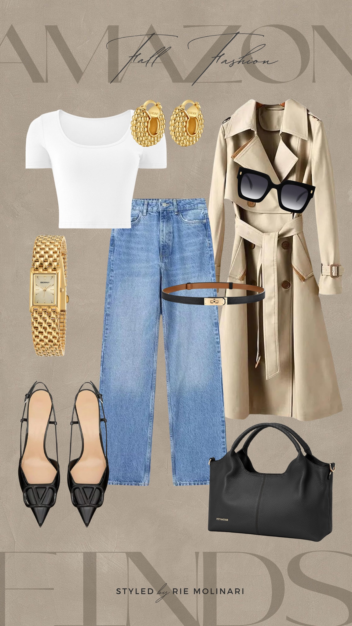 FALL FASHION STYLE: Super classy Outfit from AMAZON.
cropped white T-shirt, denim jeans, pointed toe slingback heels, gold watch, long trench coat, black handbag, chunky gold earrings, black sunglasses 


fall outfit, denim  outfit, casual fall outfit.

#LTKSeasonal #LTKFindsUnder100 #LTKStyleTip