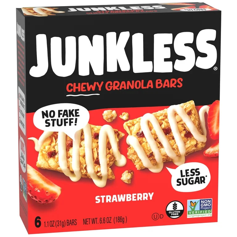 JUNKLESS Chewy Granola Bars, Strawberry, Less Sugar, Gluten Free, Non-GMO, Dairy Free, 1.1 oz, 6 ... | Walmart (US)