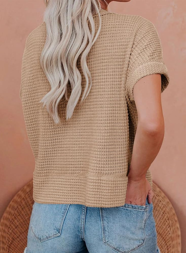 Dokotoo Womens Summer Tops 2026 Waffle Knit Button Down Shirts Casual V Neck Short Sleeve Shacket... | Amazon (US)