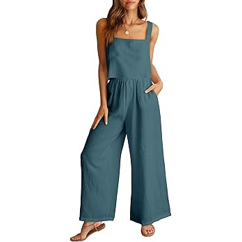 ANRABESS Women's 2 Piece Outfits Linen Pants Jumpsuit Matching Lounge Set Casual Summer Beach Vac... | Amazon (US)
