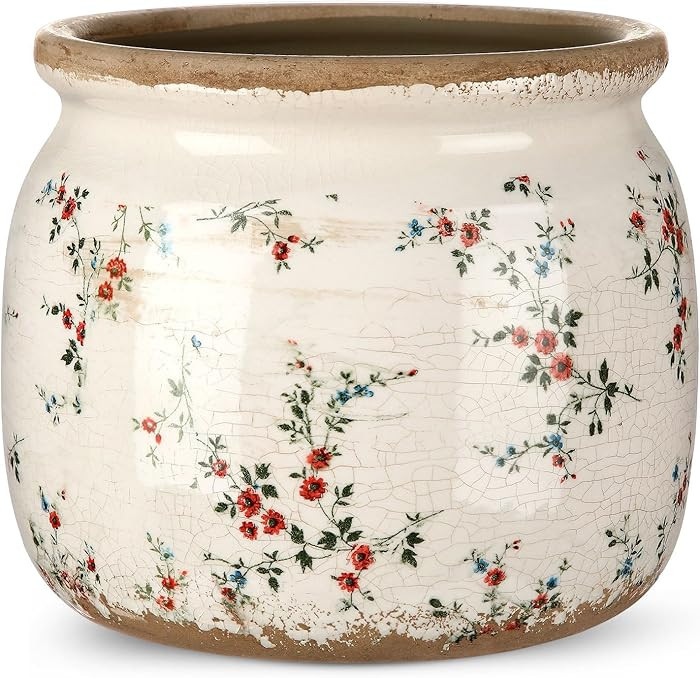Vintage Planter Large Ceramic Plants Pot Beige Red Rustic Floral Ice Crack Cottage Scroll Vase Fl... | Amazon (US)