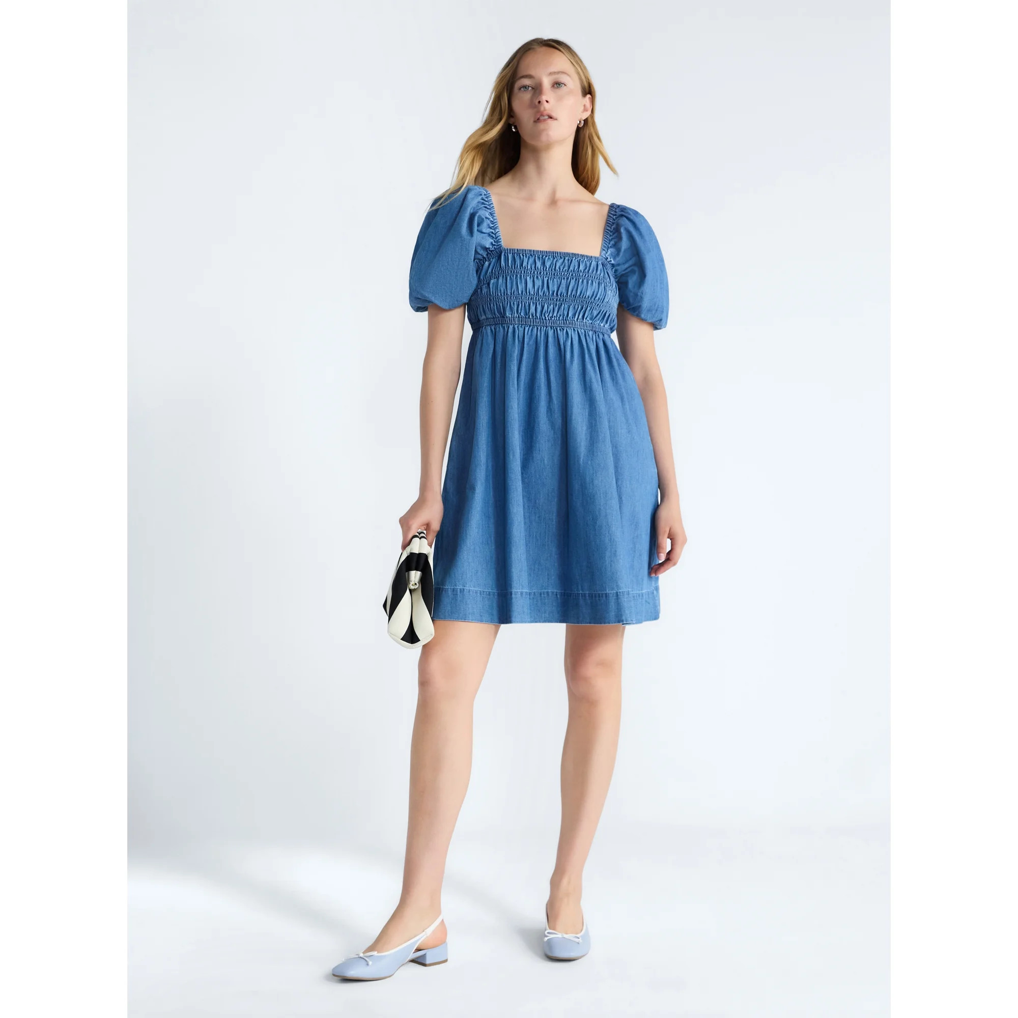 Free Assembly Women's and Women's Plus Smocked Cotton Peasant Mini Dress with Puff Sleeves, Sizes... | Walmart (US)