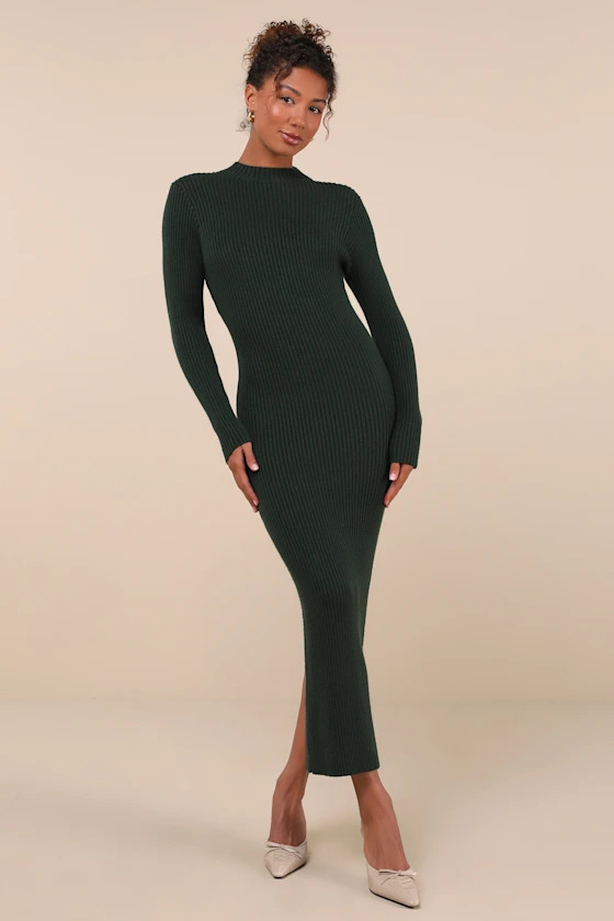 Autumnal Sensation Green Ribbed Long Sleeve Sweater Dress | Lulus
