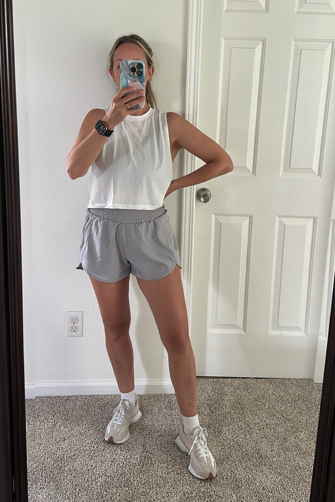 Lululemon lookalike shorts and new work out top from Amazon new balance sneakers best workout socks for sneakers workout outfit Amazon active wear 