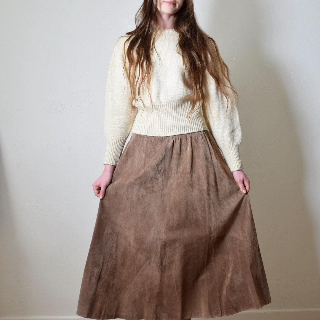 Vintage 1990s Chic Fawn SUEDE LEATHER High Waist Full + Draped Minimalist Maxi Skirt 28" - Etsy | Etsy (US)