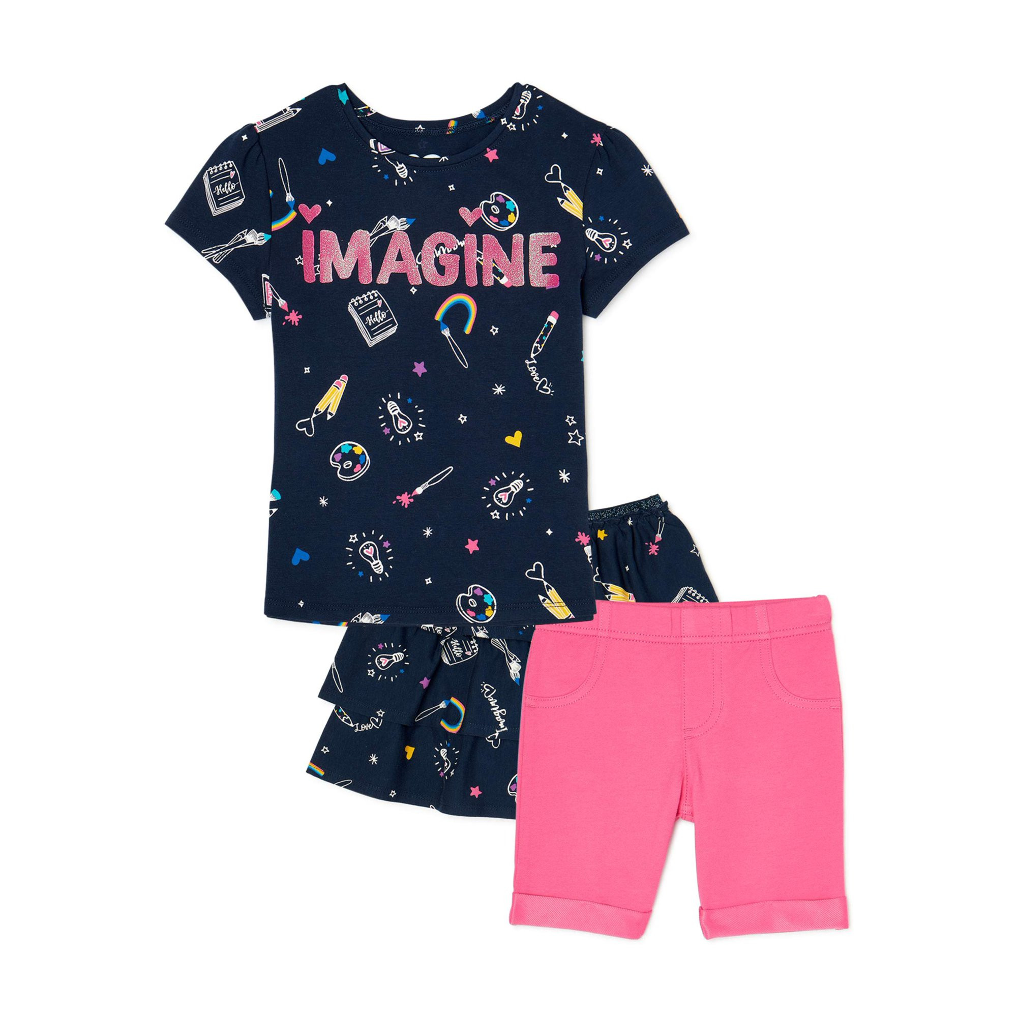 365 Kids From Garanimals Girls Graphic T-Shirt, Bermuda Shorts, and Skirt, 3-Piece Outfit Set, Si... | Walmart (US)
