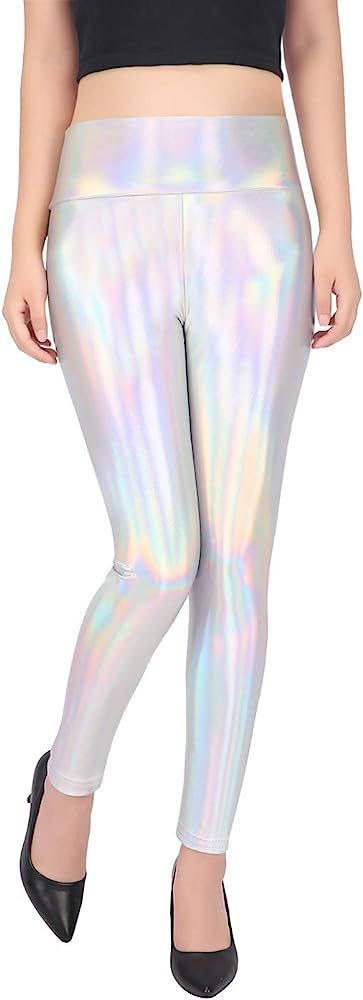 HDE Women's Shiny Holographic Leggings Liquid Metallic Pants Iridescent Tights | Amazon (US)