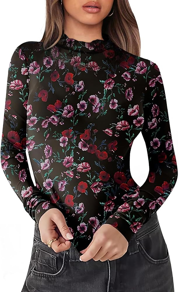 OFEEFAN Womens Long Sleeve Mesh Top See Through Mock Neck Sheer Blouses | Amazon (US)