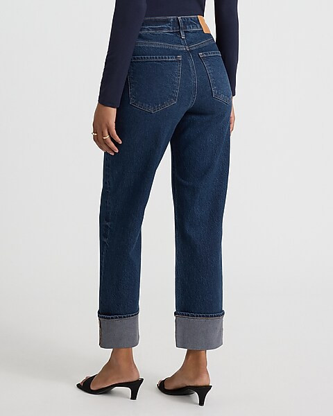 High Waisted Dark Wash Cuffed 50/50 Rigid Stretch Straight Ankle Jean | Express