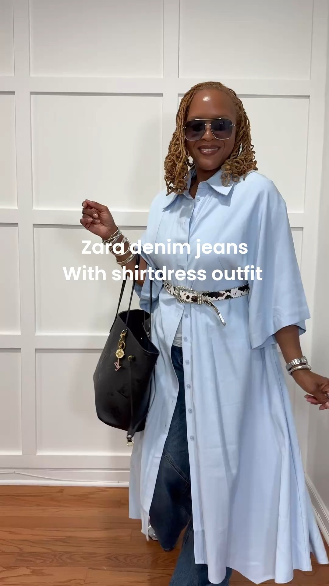 Zara denim jeans styled with a shirt dress for a comfy casual lookk