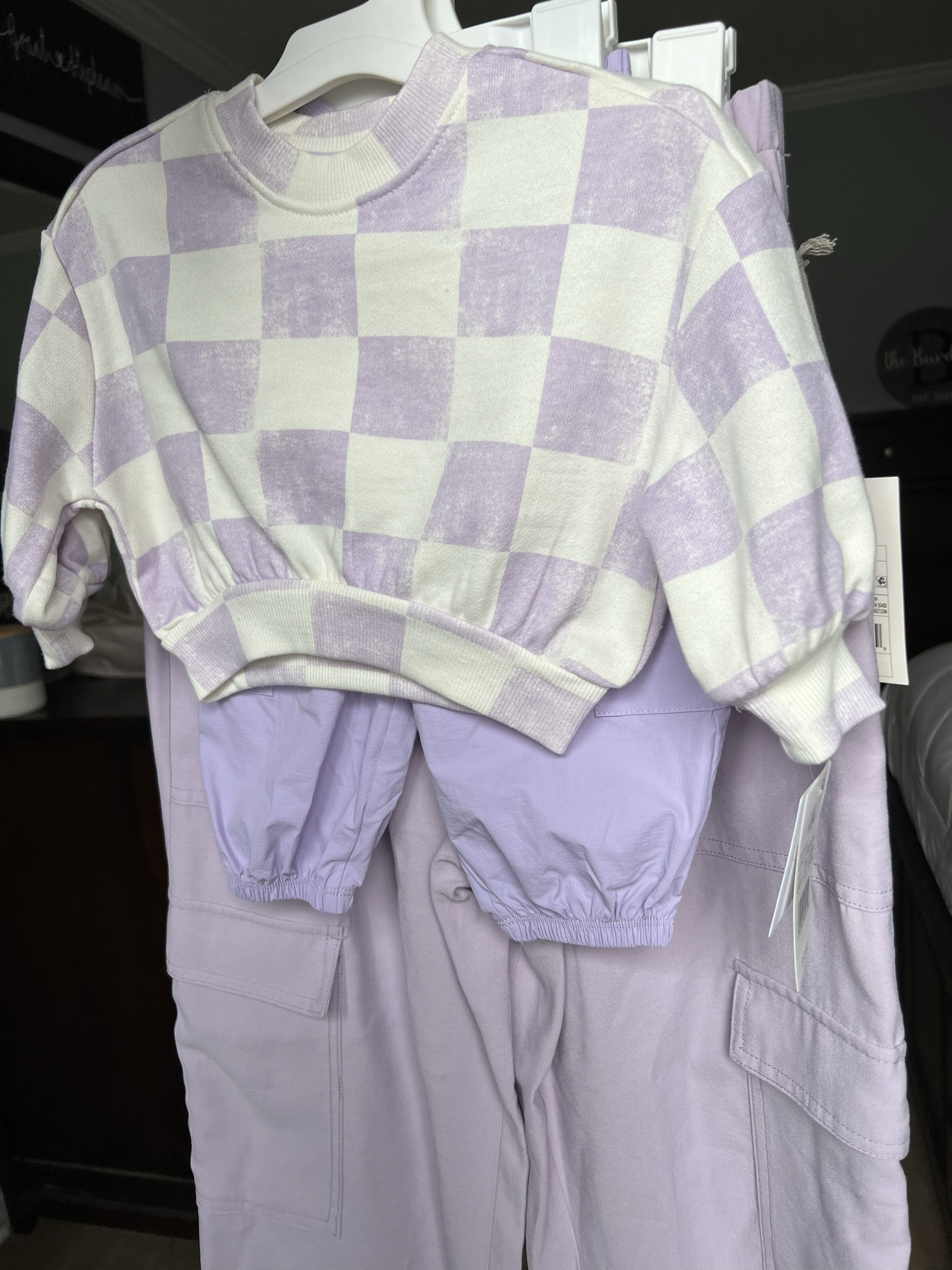 Target finds. Target style. Toddler outfit. Toddler ootd. Party outfit. Spring outfit. Transitional piece. Transition outfit. Checkered sweatshirt. Cargo pants. Lavender cargo pants. Lavender pants. Spring fashion. Checkered crewneck. 
🎯💜

#LTKkids #LTKbaby #LTKfindsunder50