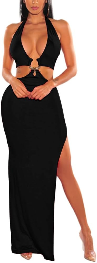 LuFeng Women's Sexy Sleeveless Halter V Neck Side Waist Cutout Backless Bodycon High Slit Maxi Lo... | Amazon (US)