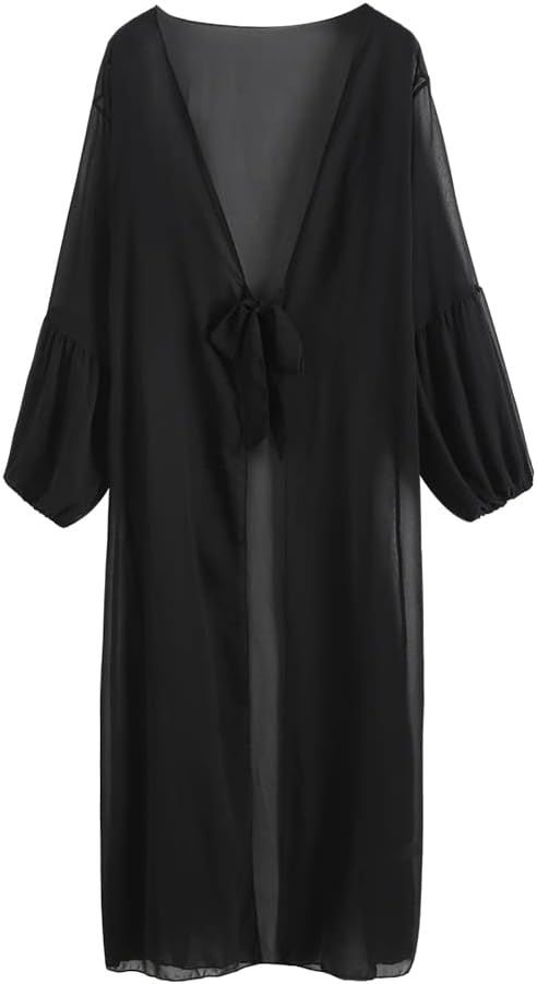 ZAFUL Women's Lantern Sleeve Flowy Maxi Swimsuit Cover Ups Tie Front Robe Cover Up Swimwear Cardi... | Amazon (US)